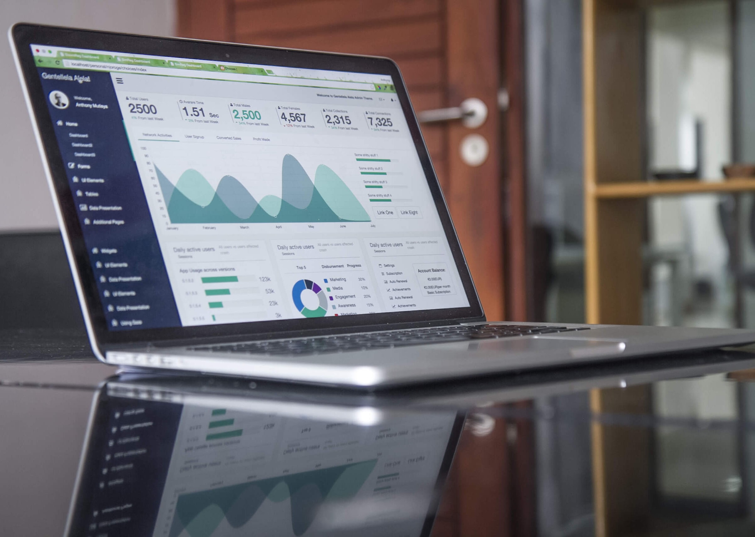 A grey laptop on the table showing colorful data.